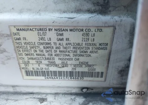 2007 Nissan Maxima 3.5 Sl z USA, uszkodzony, nr VIN 1N4BA41E17C846630